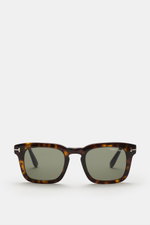 Tom Ford Sonnenbrille 'Dax' braun/grün, eckiger Acetat-Rahmen, polarisierte Gläser, frontal fotografiert, 1960er Herrenstil, UV-Schutz.