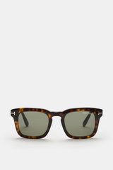 Tom Ford Sonnenbrille 'Dax' braun/grün, eckiger Acetat-Rahmen, polarisierte Gläser, frontal fotografiert, 1960er Herrenstil, UV-Schutz.