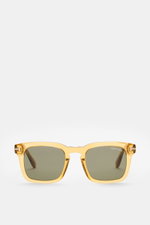 Tom Ford Sonnenbrille 'Dax' gelb/grün, frontale Nahaufnahme, 1960er Herrenbrillen-Stil, eckiger Acetat-Rahmen, polarisierte Gläser, UV-Schutz.