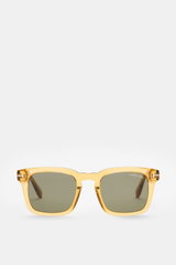 Tom Ford Sonnenbrille 'Dax' gelb/grün, frontale Nahaufnahme, 1960er Herrenbrillen-Stil, eckiger Acetat-Rahmen, polarisierte Gläser, UV-Schutz.