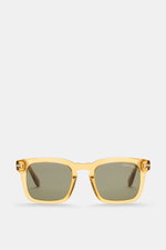 Tom Ford Sonnenbrille 'Dax' gelb/grün, leicht eckiger Acetat-Rahmen, polarisierte Gläser, 100% UV-Schutz, frontale Nahaufnahme, 1960er Stil.