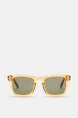 Tom Ford Sonnenbrille 'Dax' gelb/grün, leicht eckiger Acetat-Rahmen, polarisierte Gläser, 100% UV-Schutz, frontale Nahaufnahme, 1960er Stil.