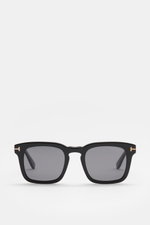 Tom Ford Sonnenbrille 'Dax' schwarz, leicht eckig, Acetat-Rahmen, polarisierte Gläser, 100% UV-Schutz, frontal fotografiert, 14,5 cm breit.