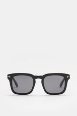 Tom Ford Sonnenbrille 'Dax' schwarz, leicht eckig, Acetat-Rahmen, polarisierte Gläser, 100% UV-Schutz, frontal fotografiert, 14,5 cm breit.