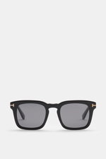 Tom Ford Sonnenbrille 'Dax' schwarz, eckiger Acetat-Rahmen, polarisierte Gläser, 100% UV-Schutz, frontal fotografiert, maskuliner 60er-Stil.
