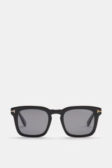 Tom Ford Sonnenbrille 'Dax' schwarz, eckiger Acetat-Rahmen, polarisierte Gläser, 100% UV-Schutz, frontal fotografiert, maskuliner 60er-Stil.
