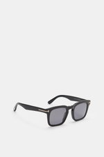 Tom Ford Sonnenbrille 'Dax' schwarz, leicht eckige Acetat-Form, polarisierten Gläser, 100% UV-Schutz, seitliche Draufsicht, stilvolle 60er Herrenbrille.