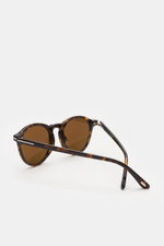 Tom Ford Sonnenbrille 'Aurele' dunkelbraun gemustert/braun, klassische Panto-Form, Acetat-Rahmen, gleichmäßig getönte Gläser, seitliche Perspektive.
