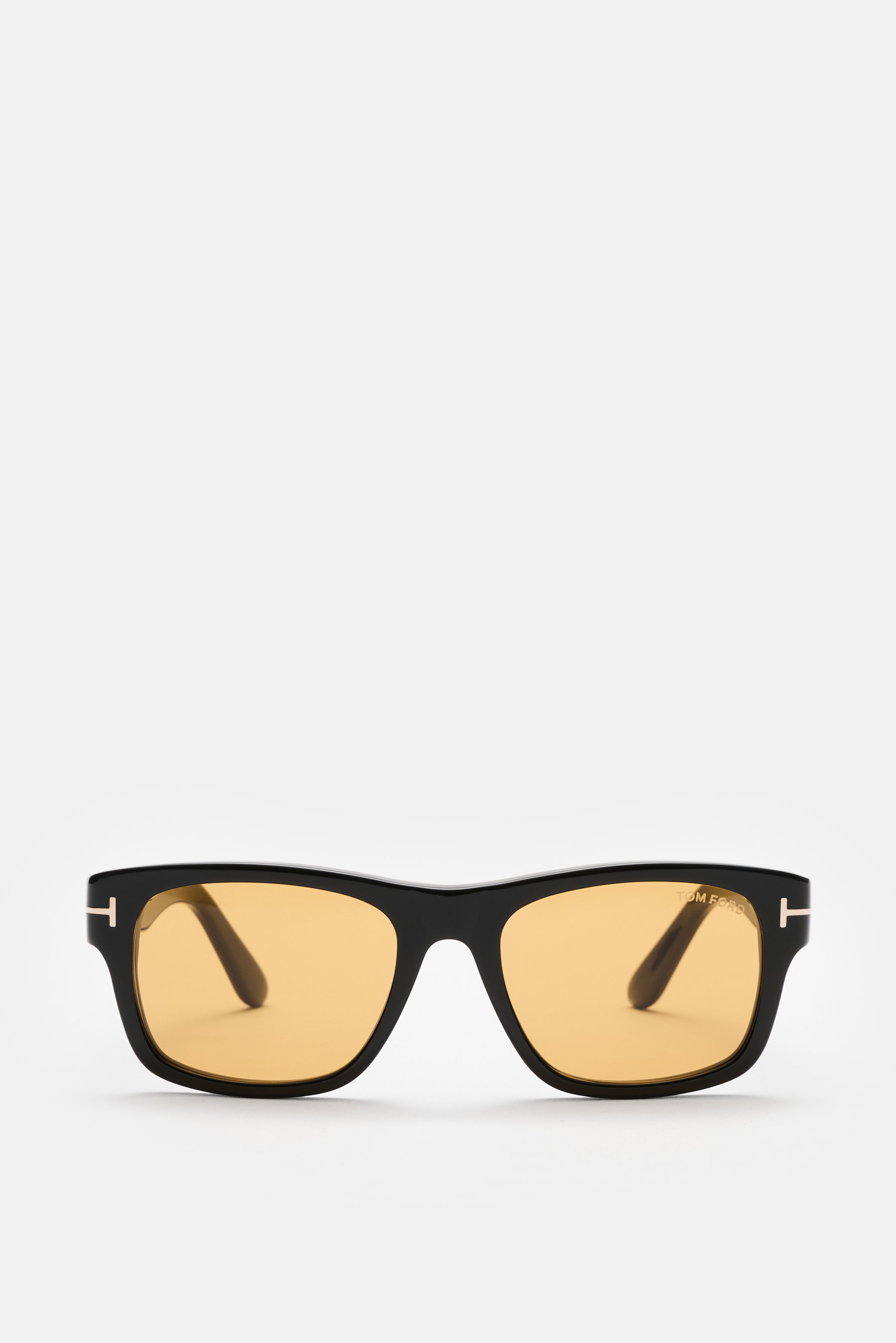 Tom Ford Sonnenbrille 'Smith' schwarz, eckige Form mit gleichmäßig getönten Kunststoffgläsern und Acetat-Rahmen, frontal fotografiert.