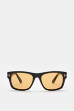 Tom Ford Sonnenbrille 'Smith' schwarz, eckige Form mit gleichmäßig getönten Kunststoffgläsern und Acetat-Rahmen, frontal fotografiert.