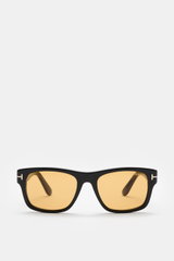 Tom Ford Sonnenbrille 'Smith' schwarz, eckige Form mit gleichmäßig getönten Kunststoffgläsern und Acetat-Rahmen, frontal fotografiert.