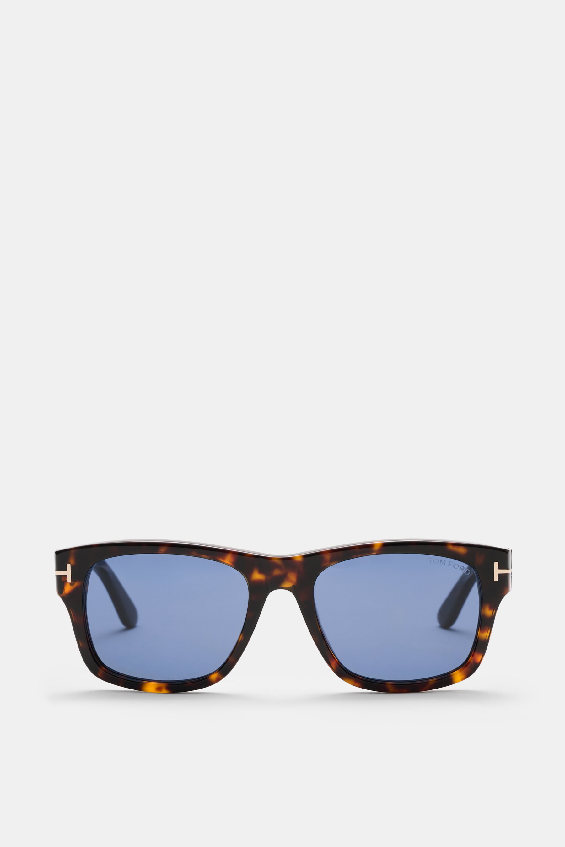Tom Ford Sonnenbrille 'Smith' dunkelbraun gemustert, eckig, Acetatrahmen, blaue getönte Gläser, Filterkategorie 3, Frontalansicht.