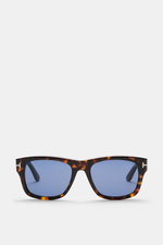 Tom Ford Sonnenbrille 'Smith' dunkelbraun gemustert, eckig, Acetat-Rahmen, blaue Kunststoffgläser, Filterkategorie 3, frontal fotografiert.