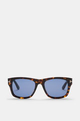 Tom Ford Sonnenbrille 'Smith' dunkelbraun gemustert, eckig, Acetat-Rahmen, blaue Kunststoffgläser, Filterkategorie 3, frontal fotografiert.
