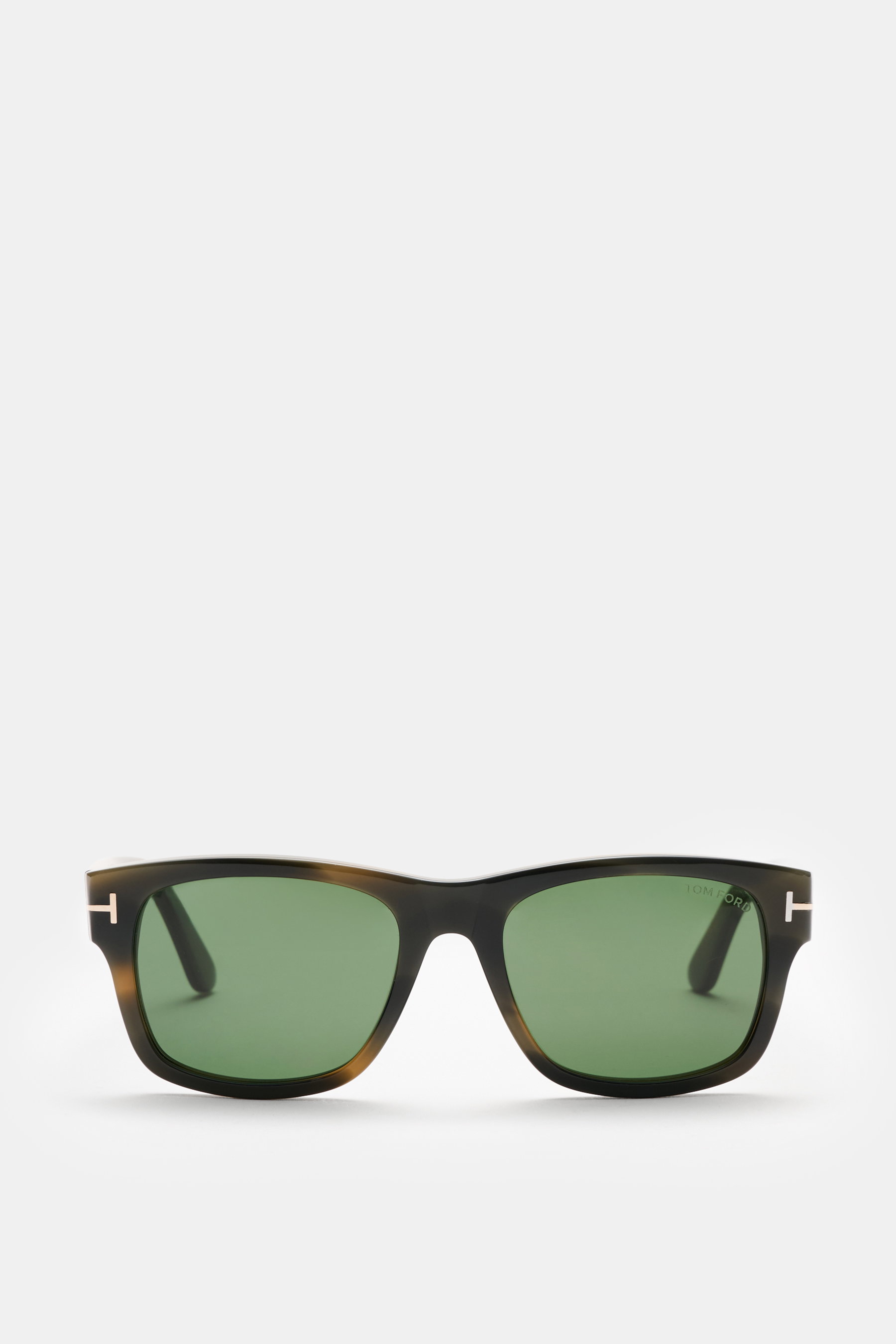 Tom Ford Sonnenbrille 'Smith' graubraun meliert, eckig, Acetat-Rahmen, grüne Kunststoffgläser, Filterkategorie 3, frontal fotografiert.