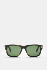 Tom Ford Sonnenbrille 'Smith' graubraun meliert, eckig, Acetat-Rahmen, grüne Kunststoffgläser, Filterkategorie 3, frontal fotografiert.