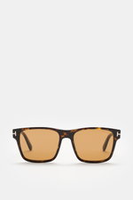 Tom Ford Sonnenbrille 'Calder' dunkelbraun/braun gemustert, eckig, Tortoise-Rahmen, polarisierte Gläser, Frontansicht, Acetat, UV-Schutz.