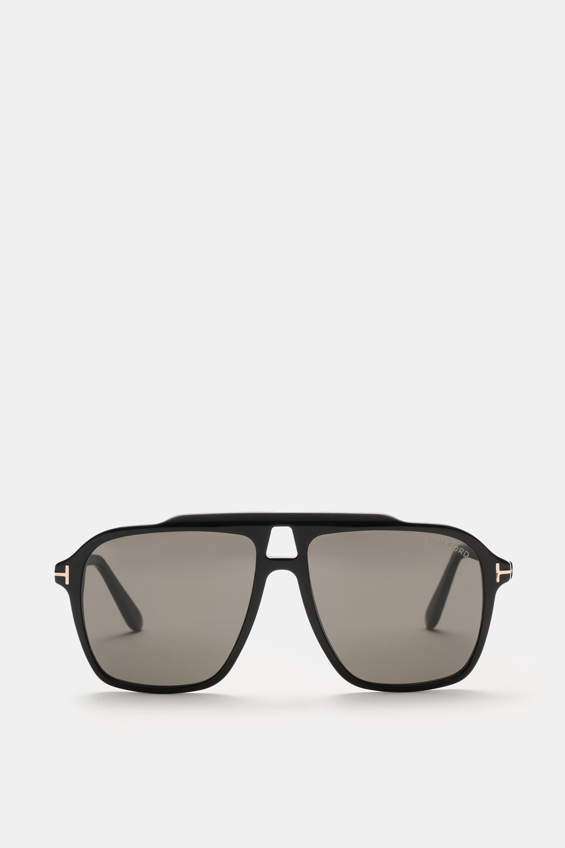 Tom Ford Sonnenbrille 'Autari' schwarz/anthrazit im klassischen Aviator-Stil, frontale Nahaufnahme, Acetat-Rahmen, getönte Kunststoffgläser, UV-Schutz.