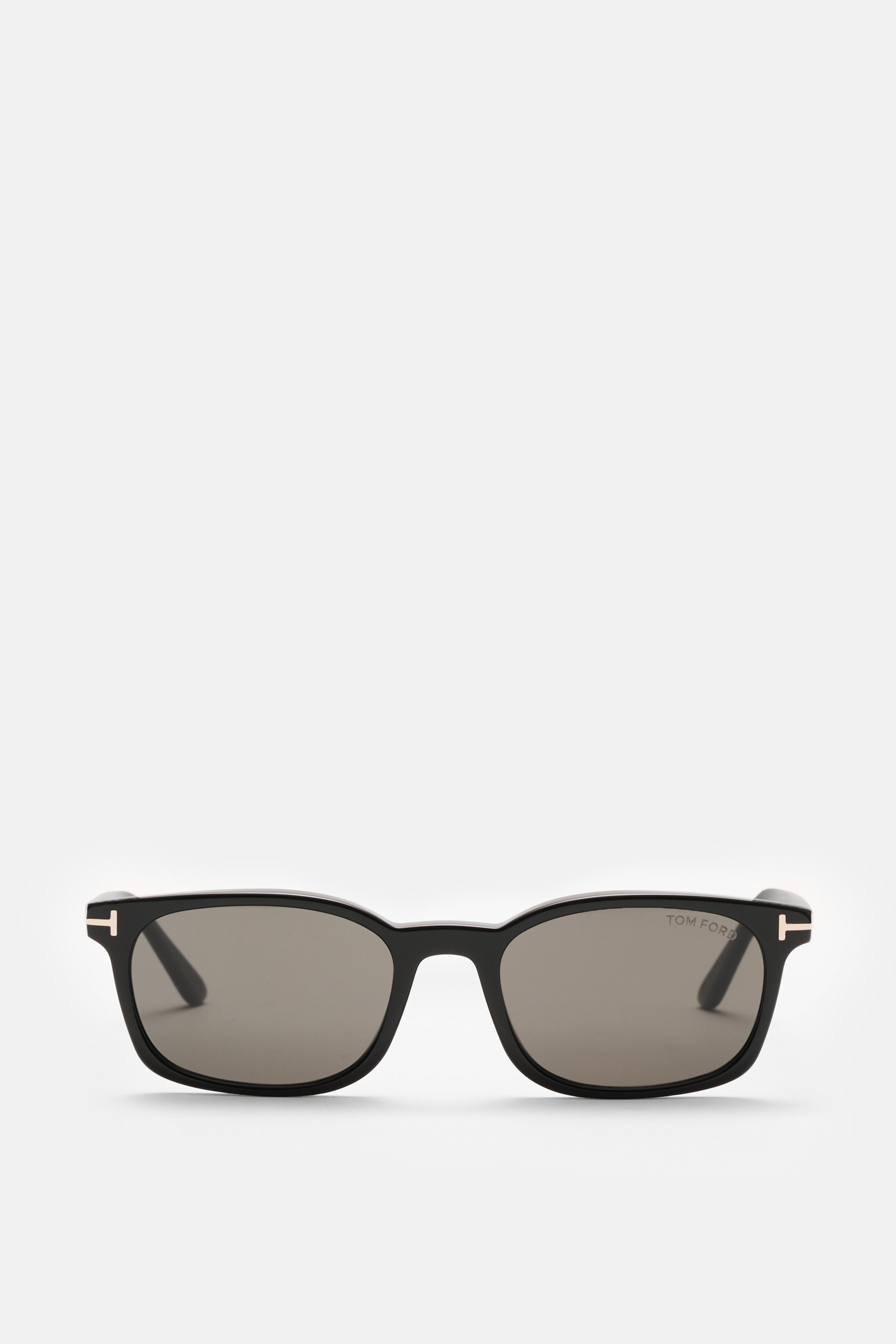 Tom Ford Sonnenbrille 'Miles' schwarz/anthrazit, schmale eckige Form, gleichmäßig getönte Gläser, Acetat-Rahmen, frontal fotografiert.