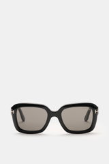 Tom Ford Sonnenbrille 'Natalia' schwarz, eckig, Acetat-Rahmen, gleichmäßig getönte Kunststoffgläser, Filterkategorie 3, frontal fotografiert.