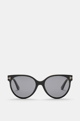 Tom Ford Sonnenbrille 'Tallulah' schwarz im klassischen Papillon-Stil, Acetat-Rahmen, gleichmäßig getönte Gläser, frontal fotografiert.