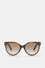 Tom Ford Sonnenbrille 'Tallulah' dunkelbraun meliert, klassischer Papillon-Stil, Acetat-Rahmen, Verlaufsgläser, frontal fotografiert.