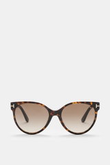 Tom Ford Sonnenbrille 'Tallulah' dunkelbraun meliert, klassischer Papillon-Stil, Acetat-Rahmen, Verlaufsgläser, frontal fotografiert.