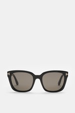 Tom Ford Sonnenbrille 'Haylay' schwarz, Wayfarer-Stil, Acetat-Rahmen, getönte Kunststoffgläser, Frontansicht, 100% UV-Schutz, 14,5 cm breit.