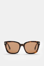 Tom Ford Sonnenbrille 'Haylay' braun/dunkelbraun gemustert, Wayfarer-Rahmen, getönte Kunststoffgläser, frontale Nahaufnahme, UV-Schutz, inklusive Etui.