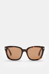 Tom Ford Sonnenbrille 'Haylay' braun/dunkelbraun gemustert, Wayfarer-Rahmen, getönte Kunststoffgläser, frontale Nahaufnahme, UV-Schutz, inklusive Etui.