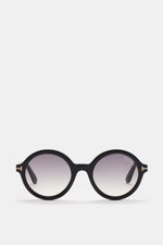 Tom Ford Sonnenbrille 'Nicolet' schwarz/grau, frontale Nahaufnahme, runder Acetat-Rahmen mit Schildpatt-Muster, getönte Gläser, 'T'-Detail, UV-Schutz, Samt-Etui.