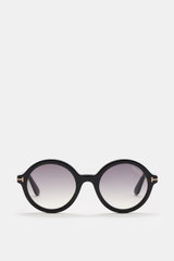 Tom Ford Sonnenbrille 'Nicolet' schwarz/grau, frontale Nahaufnahme, runder Acetat-Rahmen mit Schildpatt-Muster, getönte Gläser, 'T'-Detail, UV-Schutz, Samt-Etui.