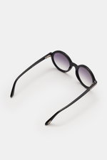 Tom Ford Sonnenbrille 'Nicolet' schwarz/grau, runde Form, getönte Kunststoffgläser, dicker Acetat-Rahmen mit Schildpatt-Muster, seitliche Ansicht.