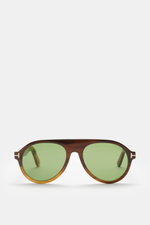 Tom Ford Horn-Sonnenbrille 'Private Collection' graubraun, moderner Aviator-Stil, Büffelhornrahmen, grün getönte Gläser, frontale Nahaufnahme