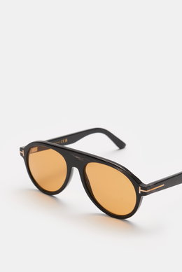 Tom Ford Horn-Sonnenbrille 'Private Collection' anthrazit gemustert/gelb, moderner Aviator-Stil, Büffelhornrahmen, gelbe Gläser, seitliche Ansicht.
