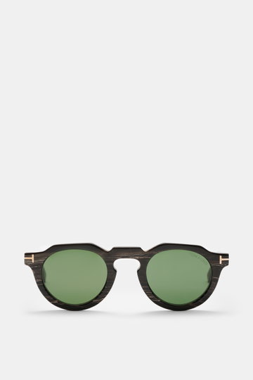 Tom Ford Horn-Sonnenbrille 'Private Collection' schwarz/grau/weiß gemustert, runder Retro-Look, Frontansicht, Büffelhornrahmen, grüne Gläser, 'T'-Detail.