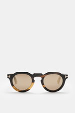 Tom Ford Horn-Sonnenbrille 'Private Collection' schwarz/beige gemustert, runder Retro-Look, Büffelhorn, getönte Gläser, Frontansicht.