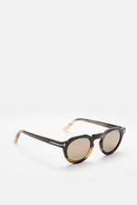 Tom Ford Horn-Sonnenbrille 'Private Collection' schwarz/beige gemustert, rund, Büffelhornrahmen, getönte Gläser, seitliche T-Details, seitliche Perspektive.