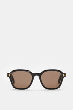 Tom Ford Horn-Sonnenbrille 'Private Collection' dunkelbraun gemustert, leicht eckig, Büffelhornrahmen, T-Detail, Frontansicht, braune Kunststoffgläser.