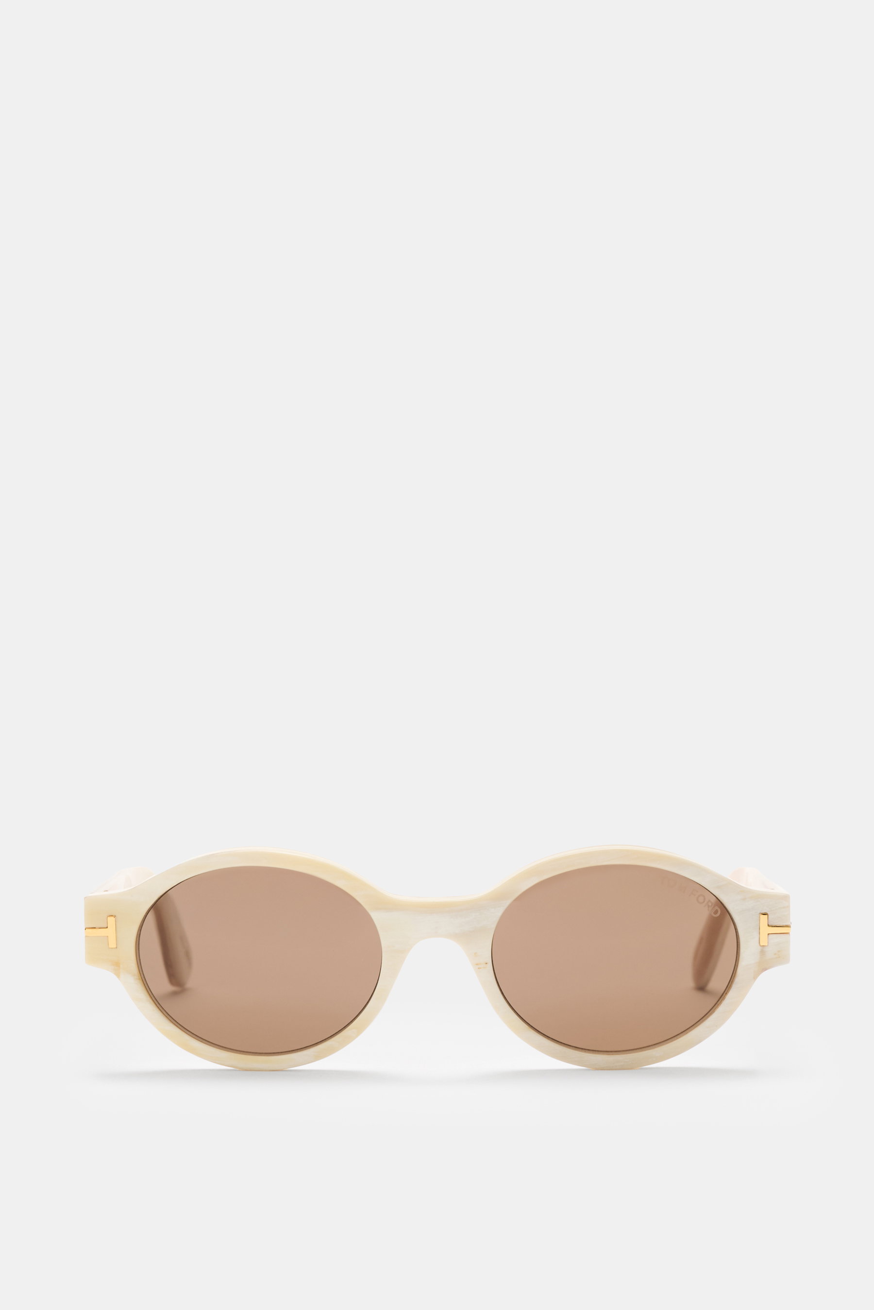 Tom Ford Horn-Sonnenbrille 'Private Collection' offwhite/creme gemustert, rund, Büffelhorn, T-Detail, braune Gläser, Frontalansicht.