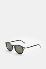 Tom Ford Sonnenbrille 'Private Collection' schwarz/braun, Pantos-Design, Büffelhornrahmen mit Titan-Details, ZEISS Gläser, seitliche Nahaufnahme.