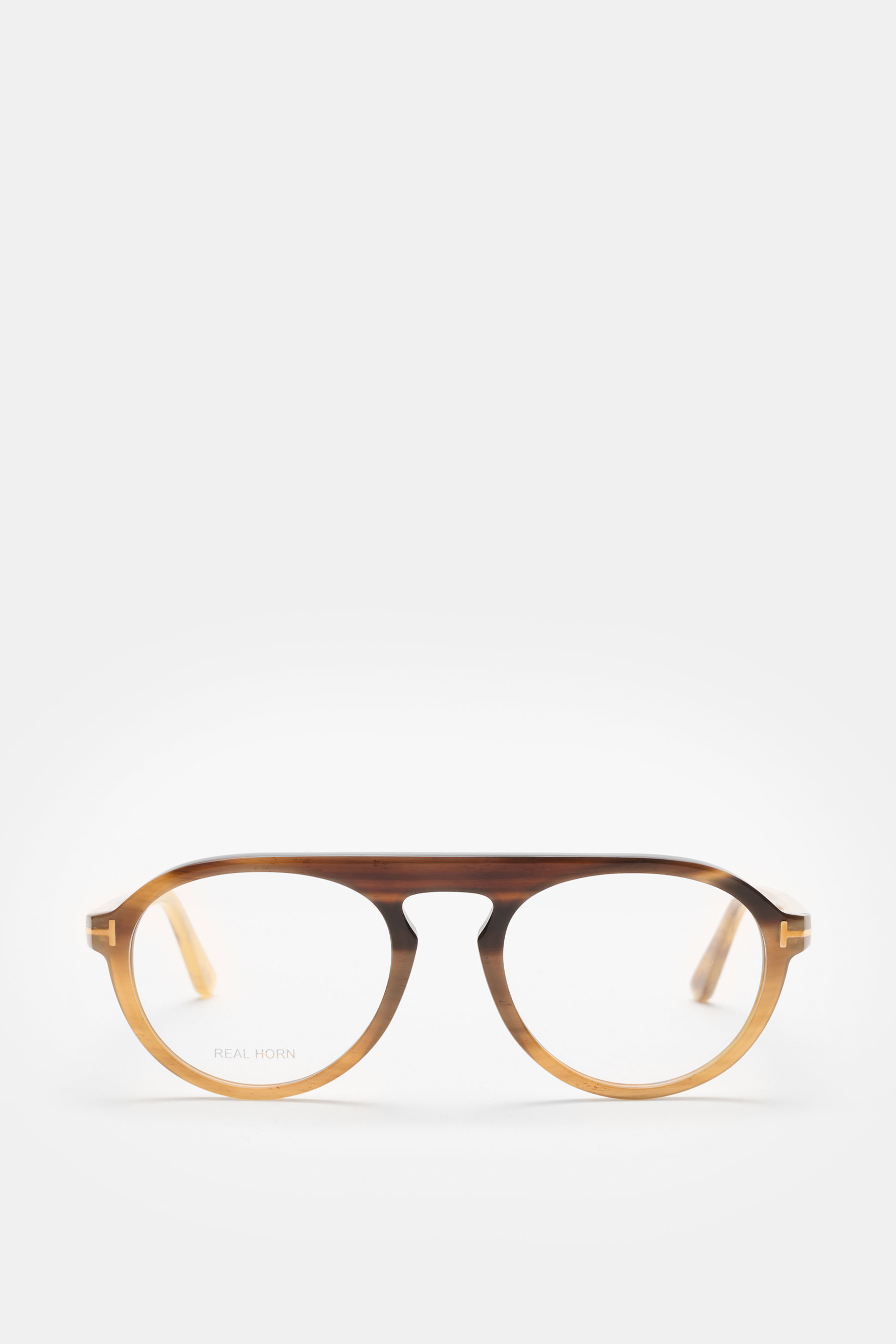 Tom Ford Horn Brille 'Private Collection' graubraun/sand gemustert, runde Form, echtes Büffelhorn, Blaulichtfilter, T-Form, Frontansicht.