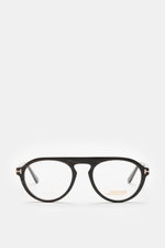 Front view of Tom Ford Horn Brille 'Private Collection' schwarz/grau/weiß gemustert with round shape, real buffalo horn frame, blue light filter lenses, T-shaped details. Stylish retro eyewear, includes leather hard case, horn polish set, and cleaning clo