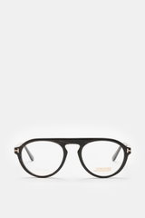Front view of Tom Ford Horn Brille 'Private Collection' schwarz/grau/weiß gemustert with round shape, real buffalo horn frame, blue light filter lenses, T-shaped details. Stylish retro eyewear, includes leather hard case, horn polish set, and cleaning clo