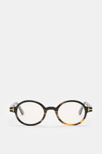 Tom Ford Horn Brille 'Private Collection' schwarz/grau/hellbraun gemustert, runde Form, Hornrahmen, Blaulichtfilter, frontal fotografiert.