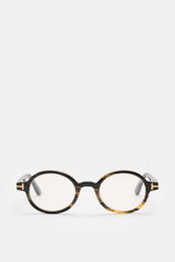 Tom Ford Horn Brille 'Private Collection' schwarz/grau/hellbraun gemustert, runde Form, Hornrahmen, Blaulichtfilter, frontal fotografiert.
