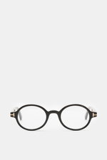 Tom Ford Horn Brille 'Private Collection' schwarz/grau gemustert, runde Form, Hornrahmen, Blaulichtfilter, T-Form Details, frontal fotografiert.