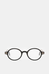 Tom Ford Horn Brille 'Private Collection' schwarz/grau gemustert, runde Form, Hornrahmen, Blaulichtfilter, T-Form Details, frontal fotografiert.