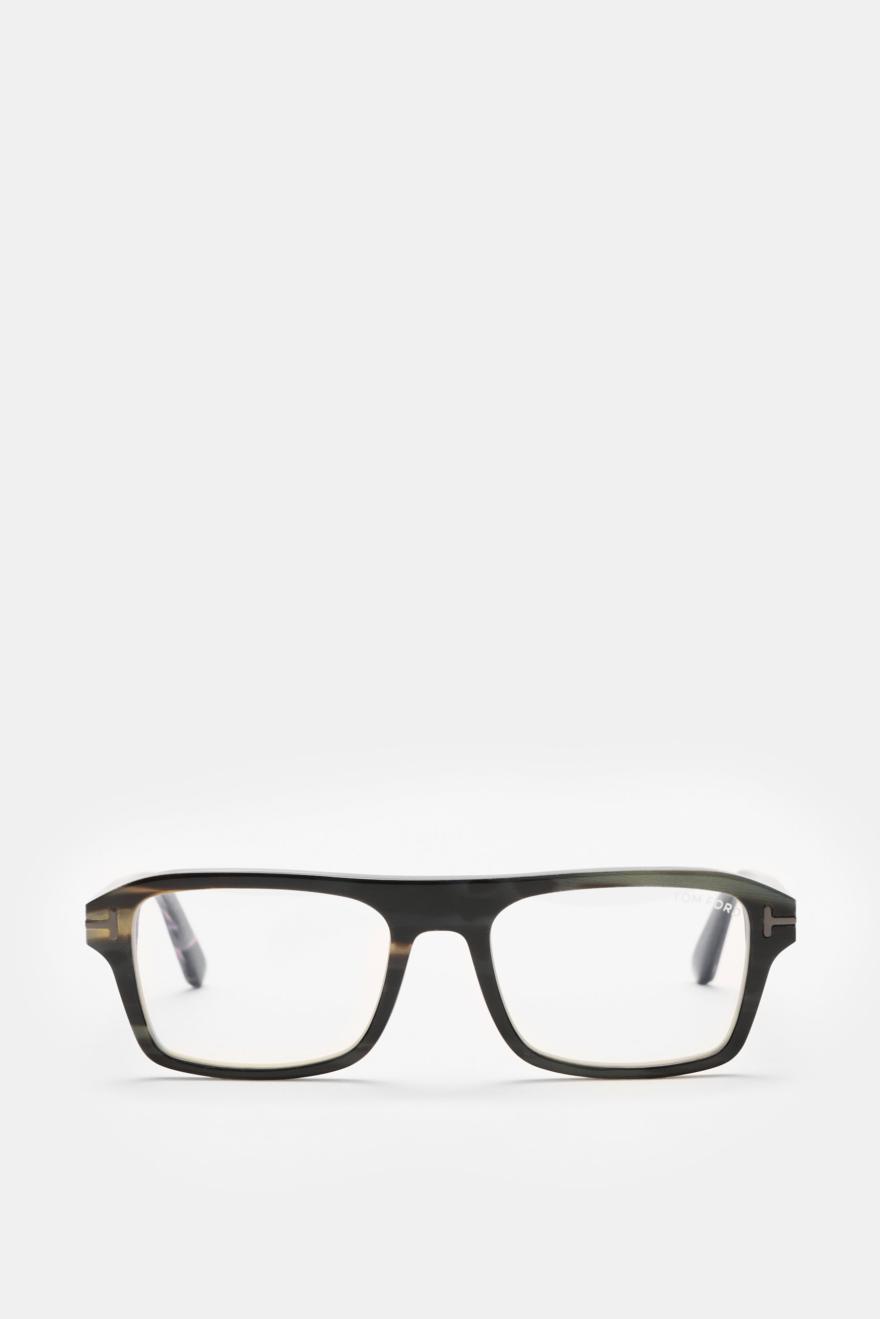 Tom Ford Horn Brille 'Private Collection' schwarz/grau gemustert, eckig, Büffelhorn, Blaulichtfilter, T-Form Details, frontal fotografiert.