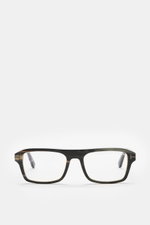 Tom Ford Horn Brille 'Private Collection' schwarz/grau gemustert, eckig, Büffelhorn, Blaulichtfilter, T-Form Details, frontal fotografiert.